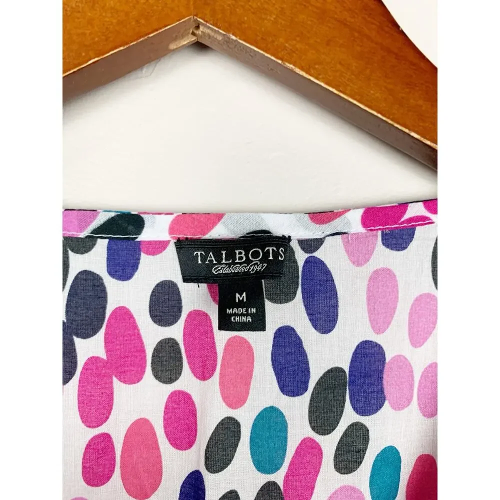 Talbots Cover Up White Pink Spotted Cotton Long Sleeve Tie Front Tunic Women's M
